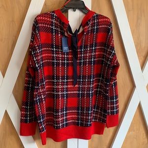 NWT Crown & Ivy Red plaid sweater with flirty keyhole ribbon close back